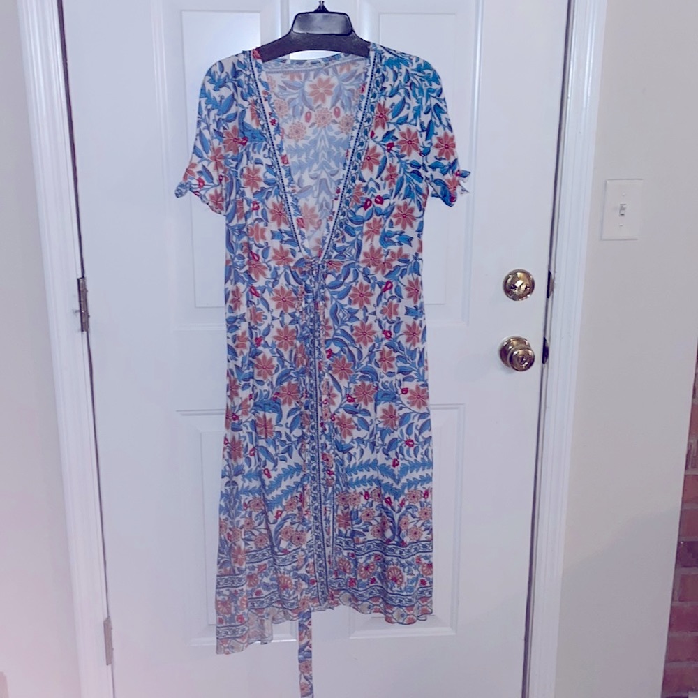 Bohemian Gypsy Floral Print Dress Tie Sleeve Slit - Picture 1 of 15